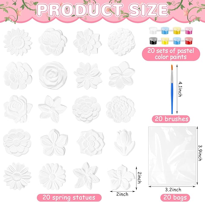 JellyArch 20 Set Flower DIY Painting Kit Ceramic to Paint Your Own Statues Unpainted Plaster Figurines Brushes Acrylic Paints Bags Party Favor for Adults