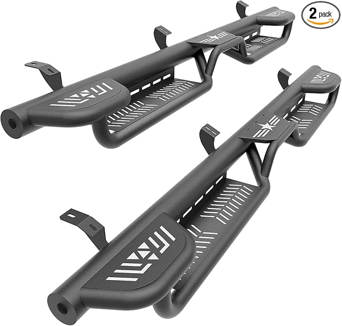 Three Raised Steps Double & Crew Cab Running Boards Compatible with 2005-2023 Toyota Tacoma Double Cab & Crew Cab Side Steps (4 Full-Size Doors), Two Stair Design Side Rail Nerf Bar Rock Slider