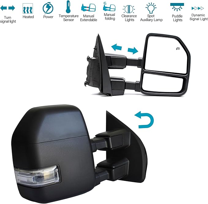 BOOLEE Towing Mirrors fit for 2017-2020 Ford F250 F350 F450 F550 Super Duty Turn Signal Light Dynamic Signal Light Temp Sensor Heated Power Puddle Lamp Auxiliary Light Black Tow Mirrors LH RH