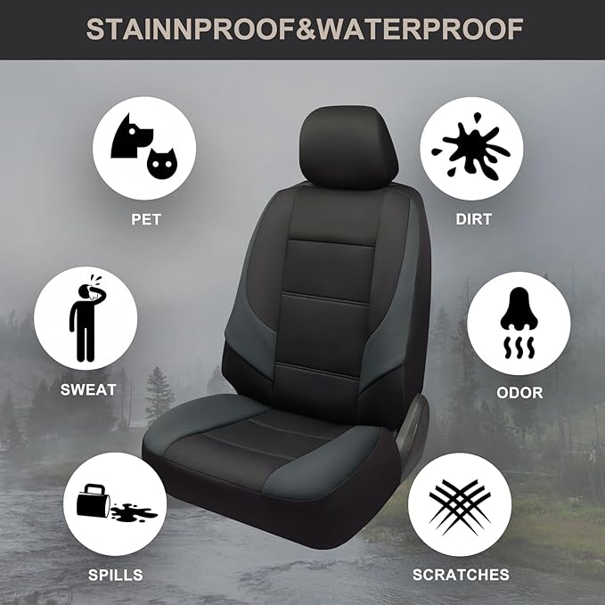 GIANT PANDA Neoprene Full Set Car Seat Covers, Leak-Proof & Waterproof Front&Rear/Back Car Seat Protector Fit 95% Cars Sedans SUV（Grey/Gary+Black）
