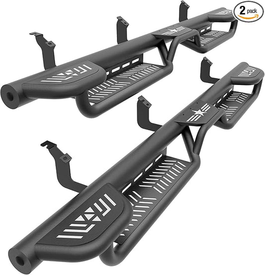 Three Raised Steps Double Cab Running Boards Compatible with 2022-2025 Toyota Tundra DoubleCab (2 Half-Size Rear Doors) Side Steps, Two Stair Design Style Nerf Bars Black Truck Side Rails