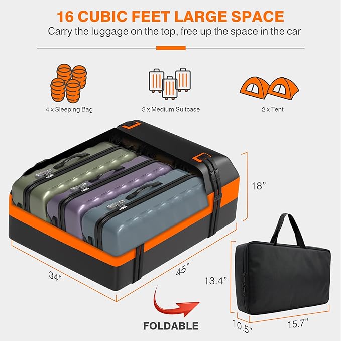 Car Rooftop Cargo Bag Carrier, 16 Cubic Feet Soft Roof Top Luggage Bag for All Vechicles with/Without Racks - with Waterproof Zip, Luggage Lock, Anti-Slip Mat, Door Hooks, Storage Bag