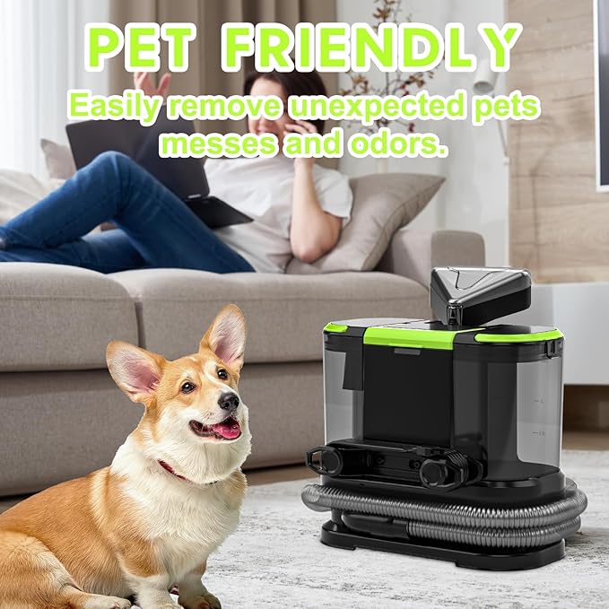 Portable Carpet & Upholstery Cleaner, Deep Cleaning for Rugs, Couch, Curtain, Car Interiors Stains, Pet & Family Friendly, 21 Kpa suction with 800W high-performance motor, 120V (Green)