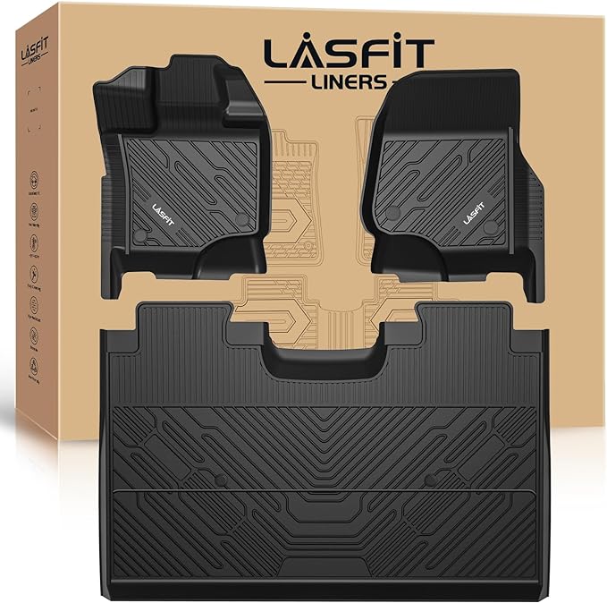 LASFIT Floor Mats for Ford F-150 2015-2025 | F150 Lightning 2022-2025 SuperCrew (Rear w/o Fold Flat Storage) Carpet Floor All Weather Protector TPE Truck Liners- 1st & 2nd Row, 3pcs Black