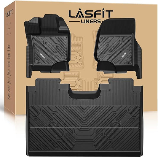 LASFIT Floor Mats for Ford F-150 2015-2025 | F150 Lightning 2022-2025 SuperCrew (Rear w/o Fold Flat Storage) Carpet Floor All Weather Protector TPE Truck Liners- 1st & 2nd Row, 3pcs Black