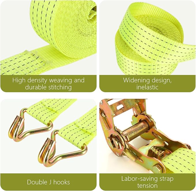 4 Pack 2 Inch Ratchet Straps Heavy Duty 20ft Tie Down Straps Ratchet with Double J Hook, 8000 LBS Break Strength, Cargo Ratchet Straps for Moving, Truck, Trailers, Motorcycles, Kayaks, Car Roof