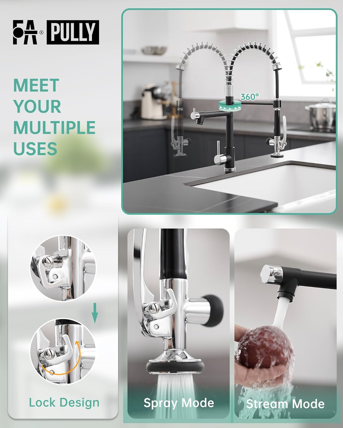 Fapully Kitchen Sink Faucet, Pull Down Kitchen Faucet, Black and Chrome Kitchen Faucets with Sprayer, Single Handle Single Hole Faucets for Kitchen Sinks