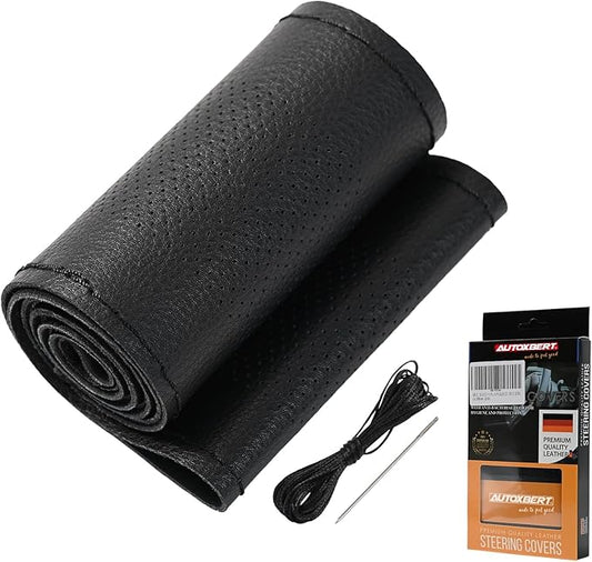 AUTOXBERT 38cm/15 Inch Genuine Leather DIY Steering Wheel Cover Soft Hand Sewing On Wrap Cover with Needles Thread fit for VW Ford Nissan Kia Vauxhall