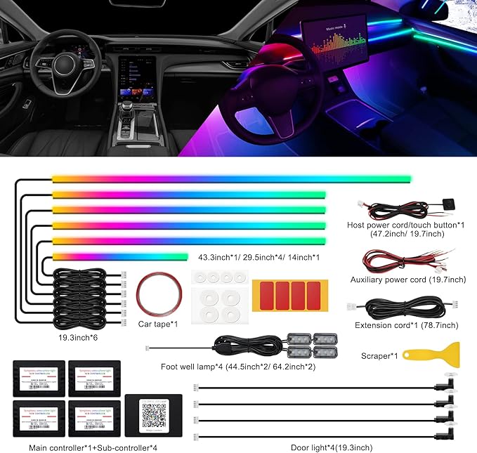 Dreamcolor Acrylic Interior Car LED Strip Light with Wireless APP, RGB 14 in 1 with 175 inches 593 LEDs Fiber Optic Ambient Lighting Kits, 16 Million Colors Sound Active Function Car Neon Lights