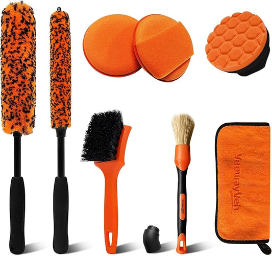 YeewayVeh 8PCS Wheel Brush Kit, Bendable Wheel Rim Cleaner Brush for All Wheel Spokes, Wheel Cleaning Brush Kit with Tire Brush, Rim Brush, Car Detailing Brush and Tire Shine Applicator, Orange