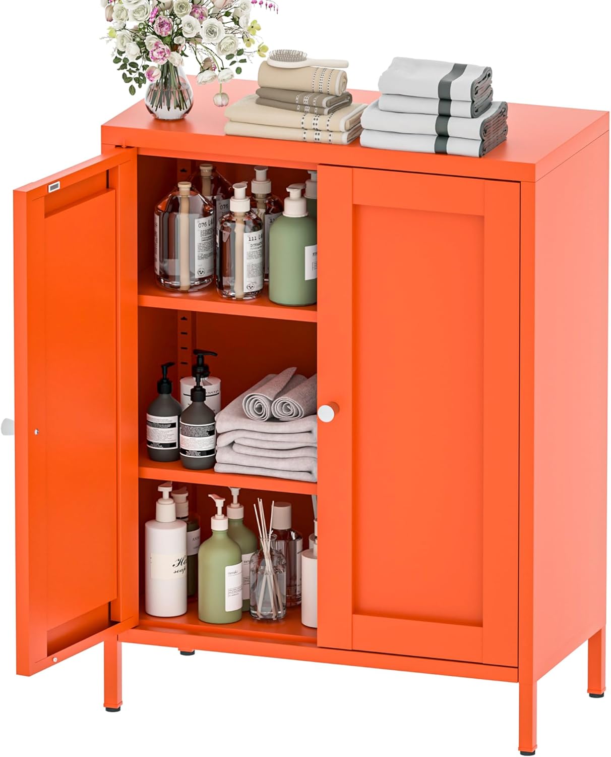Metal Bathroom Storage Cabinet, Bathroom Floor Storage Cabinet with 2 Adjustable Shelves and 2 Doors,Freestanding Metal Sideboard for Small Spaces, Living Room, Dining Room,Orange