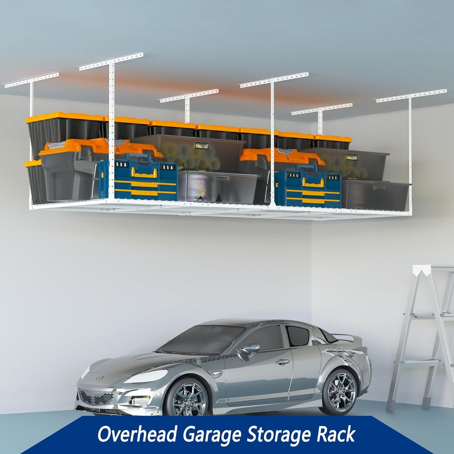 3 x 8FT Overhead Garage Storage Rack,Adjustable Ceiling Storage Racks,Garage Shelving Heavy Duty Storage Organizer System,600lbs Weight Capacity(White)