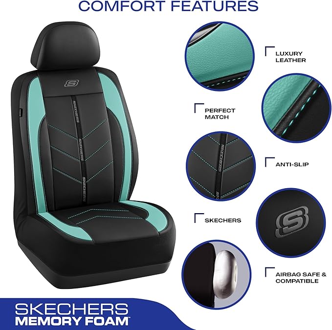 Skechers Car Seat Covers,Luxury Faux Leather Seat Covers,Waterproof Anti Slip Car Seat Protector Front Seats,Car Accessories Airbag Universal Fit for Most Cars,Vans,Trucks,SUV,Mint