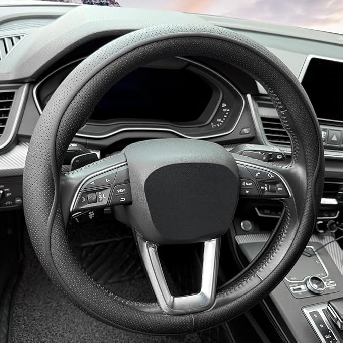 Leather Steering Wheel Cover， with Anti-Slip Stripe Design - Enhanced Grip, Fashion Style, Safe, Non-Slip, Breathable. Upgrade car Interior，Black