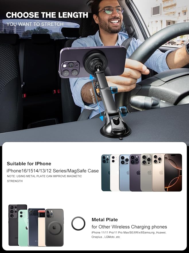 for MagSafe Car Mount Charger, Magnetic Wireless Fast Charging for iPhone16,15,14, 13, 12 Pro Max,Plus,Mini,3-in-1 Vent/Dash/Windshield Auto-Alignment Phone Holder（No 36W QC3.0 Adapter）