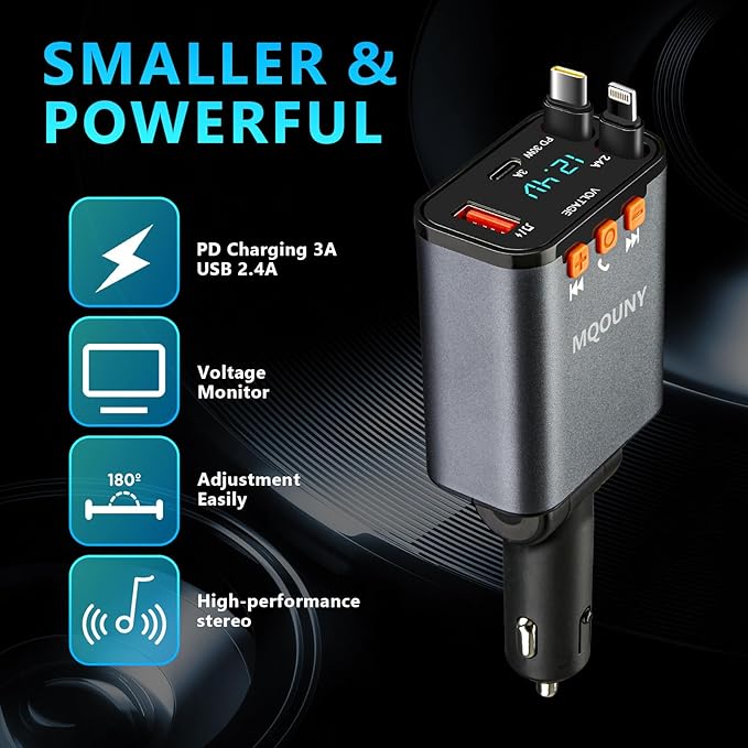 Retractable Car Charger,5 in 1 Fast Cars Phone Charger 60w,Bluetooth 5.3 FM Transmitter Adapter,Handsfree Call,MP3 Player,2 Retractable Cables and USB Chargers, for Phone,Galaxy,Pixel (Black)