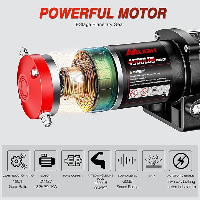 Nilight ATV UTV Electric Winch 12V 4500 lb Winches for Towing Trailer Truck Jeep Off Road Portable Waterproof IP67 Winch with Synthetic Rope Wireless & Wired Remote Control Hawse Fairlead Mount Plate