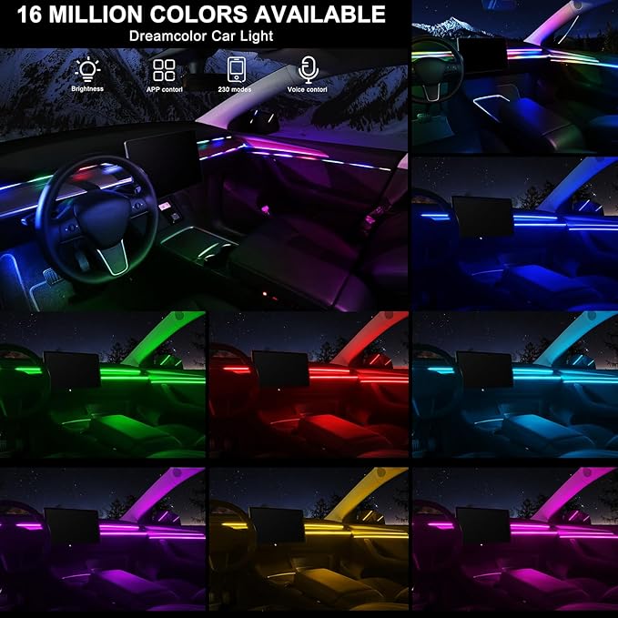 Dreamcolor Acrylic Interior Car LED Strip Light with Wireless APP, RGB 6 in 1 with 175 inches 593 LEDs Fiber Optic Strip Lights for Car, Dynamic Chasing Music Sync Neon Car Ambient Lighting Kits