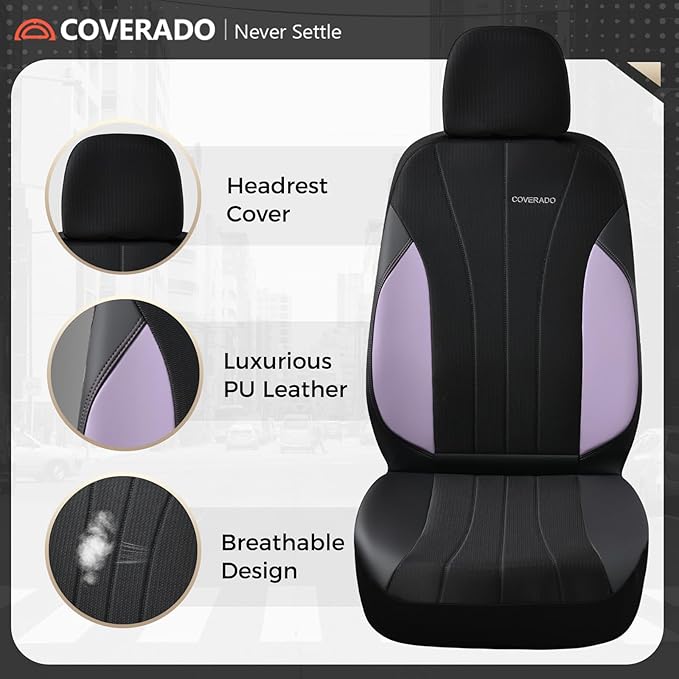 Coverado Car Seat Covers Full Set, Automotive Seat Covers 5-Piece, Leather Car Protectors 5 Seats, Purple Auto Seat Covers Spill-Proof Design Universal Fit for SUV, Vans, Sedan, Truck
