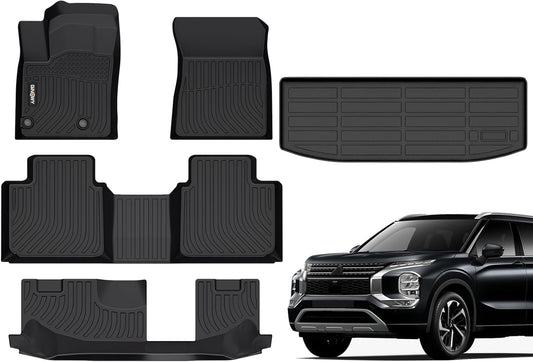 GINOWY-Floor Mats & Cargo Liner for Mitsubishi Outlander 2022-2024 2025(Only Gasoline Models), TPE All Weather Outlander Car Mats, Non-Slip Trunk Mat Easy to Clean Floor Liners Accessories Black