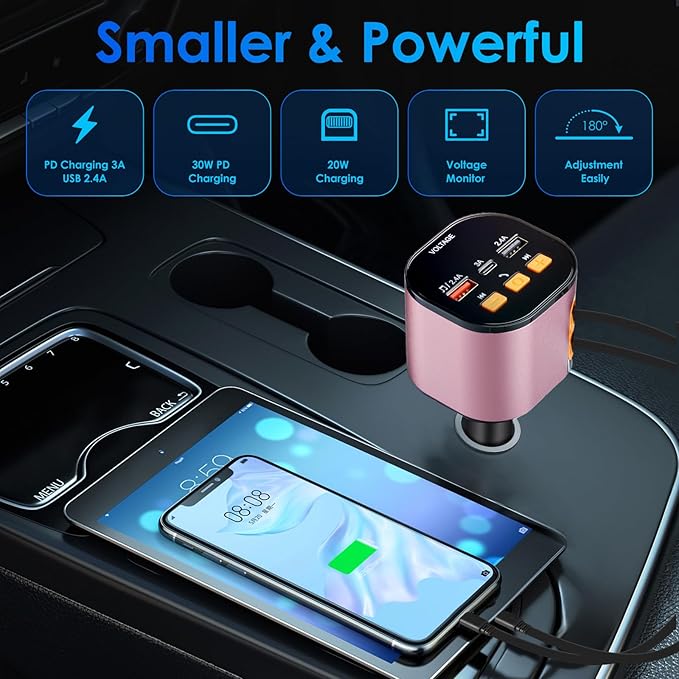 Retractable Car Charger,5 in 1 Fast Car Phone Charger 90W,Bluetooth 5.3 FM Transmitter Adapter,Handsfree Call,2 Retractable Cables and USB Cars Chargers for iPhone 17/16/15/14/13/Galaxy/Pixel