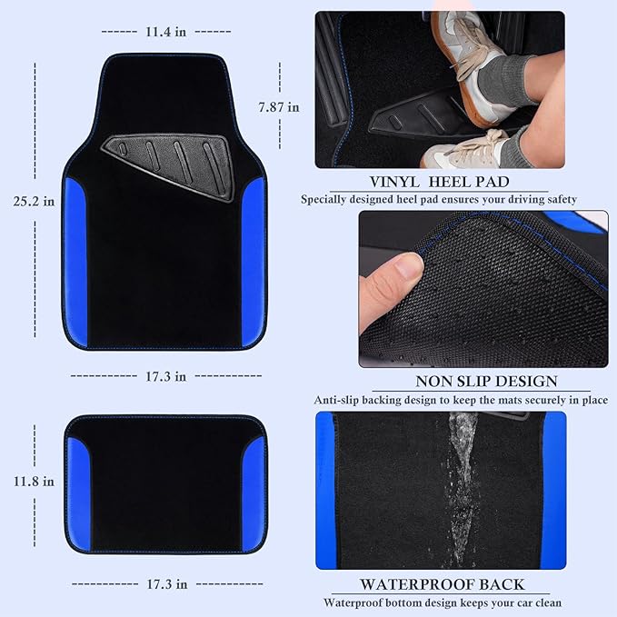 CAR PASS Faux Leather Steering Wheel Cover and Waterproof Car Floor Mats,Universal Car Combo Fit for 95% Sedan,SUV,Cars,14.5-15inch Sporty Anti-Slip Safety Comfortable Design(Black＆Bule)