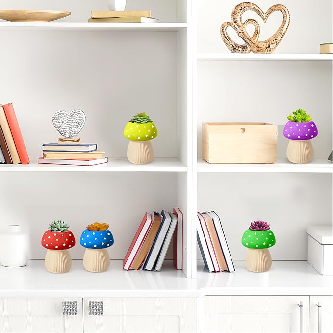 Pasimy 6 Set DIY Ceramic Succulent Planter Pots Paint Your Own Flower Pots Craft Kit Unpainted Bisque Paintable Flowerpot with Brush Palette Ready to Paint for Family Activity Gift(Mushroom)