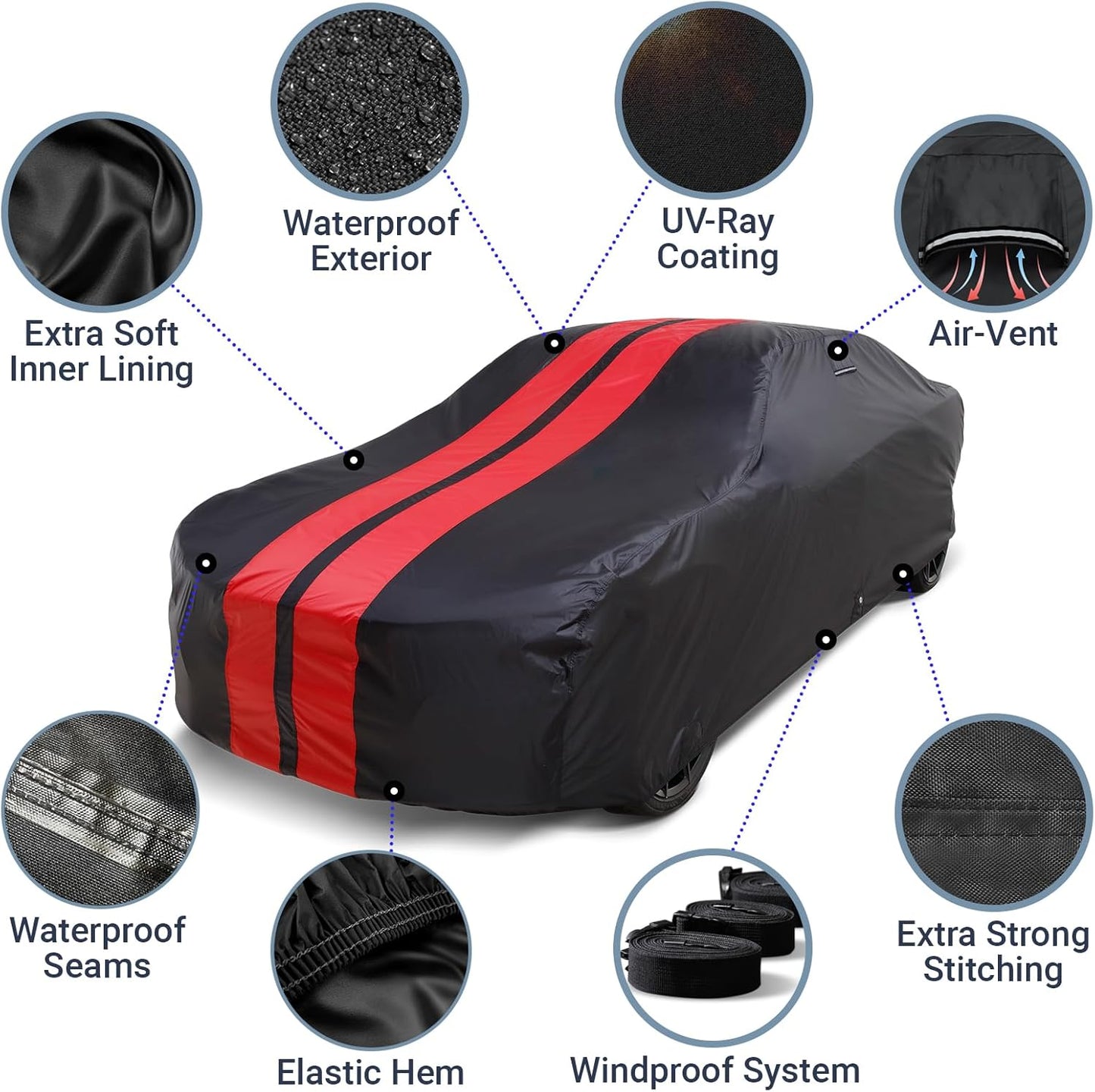iCarCover Custom Car Cover for Pontiac Bonneville (1954-1958) Waterproof All-Weather Rain Snow UV Sun Protector Full Exterior Indoor Outdoor Car Cover (Stripe - Black/Red)