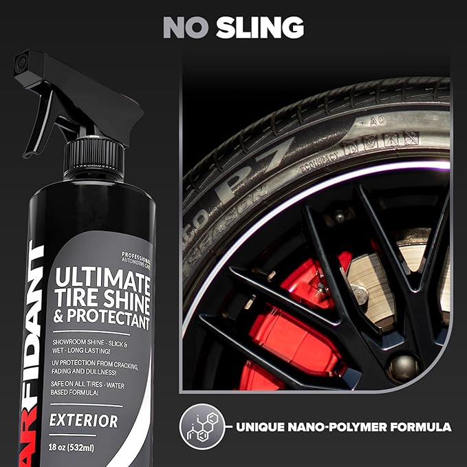 Carfidant Tire Shine Spray - Black Satin Finish - Premium Car Tire Dressing - 18 fl. Oz. Kit with Applicator Pad - Long Lasting - No Sling No Grease Formula with UV Protection