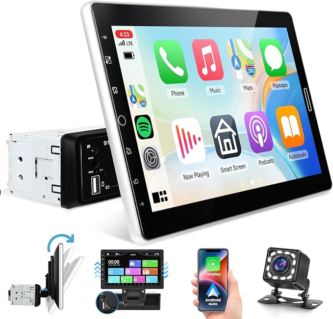 10.1 inch Single Din Car Stereo CarPlay Android Auto Mirror Link, Rimoody Detachable Touch Screen Car Radio with BT 5.0 FM/EQ USB/AUX/TF/SWC/MIC Car Audio Receiver Backup Camera