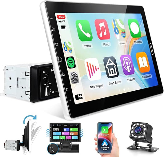 10.1 inch Single Din Car Stereo CarPlay Android Auto Mirror Link, Rimoody Detachable Touch Screen Car Radio with BT 5.0 FM/EQ USB/AUX/TF/SWC/MIC Car Audio Receiver Backup Camera