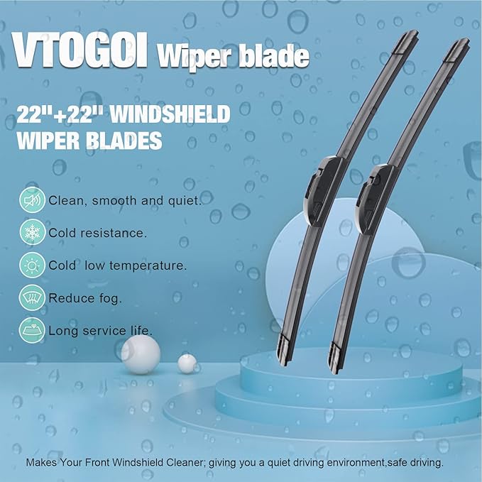 VTOGOI OEM Quality 22''+22'' Premium All-Season Auto Windshield Natural Rubber J-Hook Wiper Blades(Pack of 2)