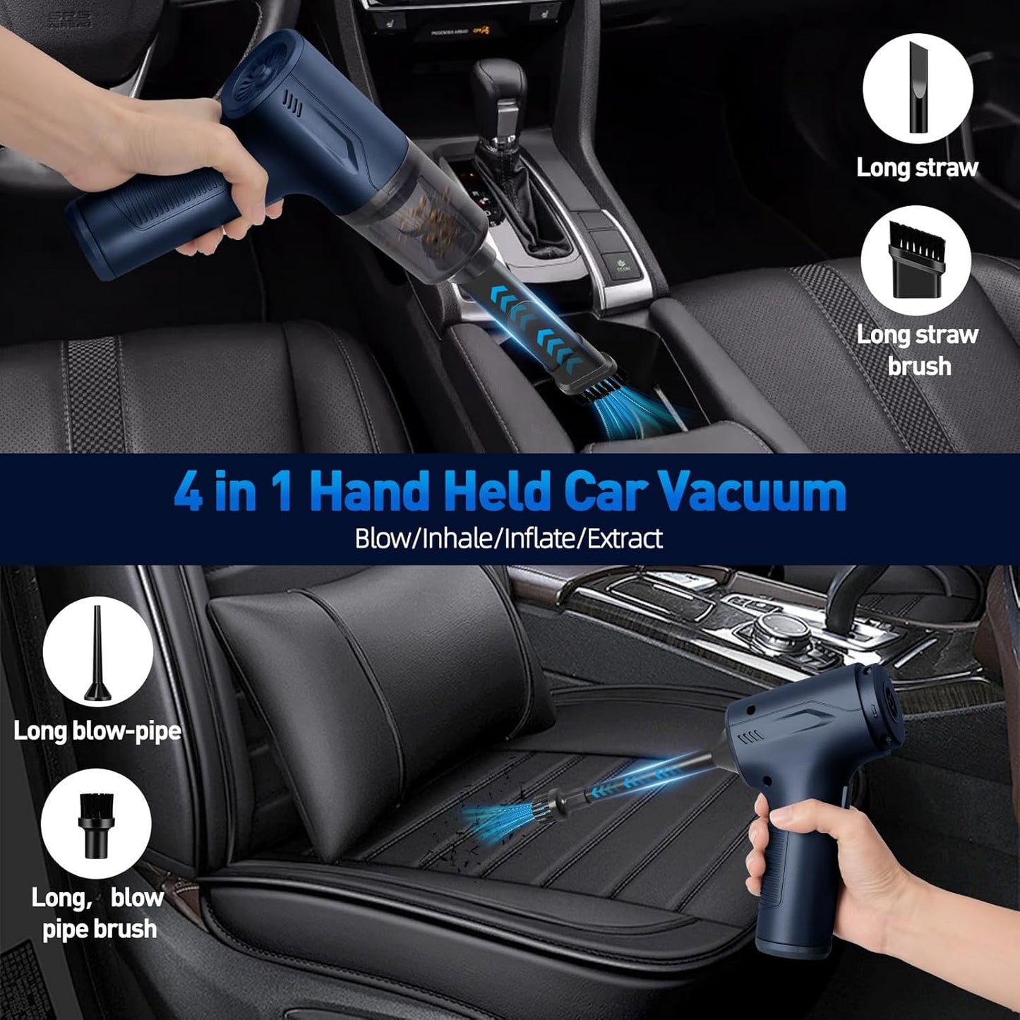 Handheld Car Vacuum Cleaner Cordless, High-Power Brushless 20000PA Mini Hand Held Vacuum Cleaner with 8 Multi-Functional Nozzle & 3 Replaceable Filters, Portable Car Vacuum for Office Pet Hair