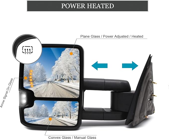 ReYee Towing Mirrors for 2014-2019 Chevy Silverado 1500 2500 3500 GMC Sierra with Power Heated Turn Signal Light Arrow Signal On Glass Auxiliary Lamp Manual Telescoping Folding Black Cap