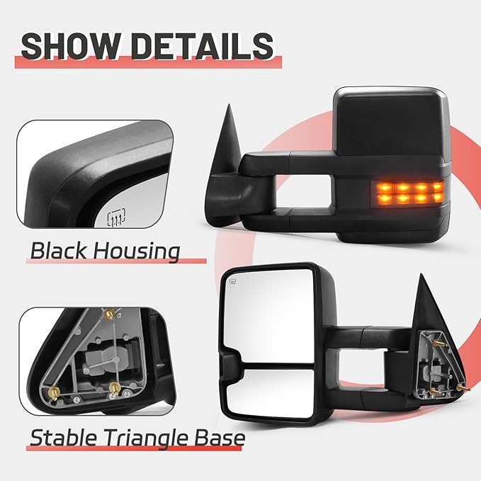 Towing Mirrors Replacement Fit for 2003-2007 Chevy Silverado for GMC Sierra 1500 2500 HD 3500 (2007 only for Classic Model) Black Power Heated Smoked Turn Signal Clearance Lamp Pair LH RH