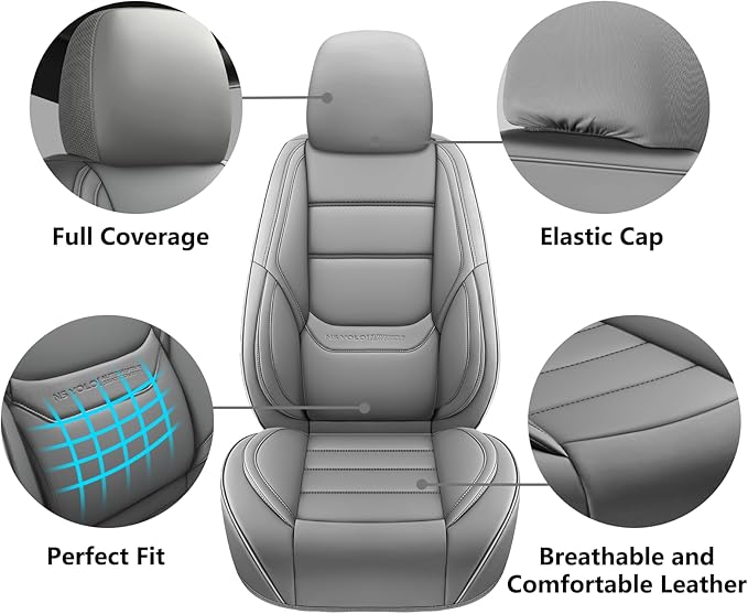 NS YOLO Leather Car Seat Covers Front Pair,Universal Fit for Most Cars,SUVs and Sedans,Waterproof Luxury Leatherette Cushions, 2 Car Seat Protectors (Grey, Front Pair-2 Seats(Driver and Passenger))