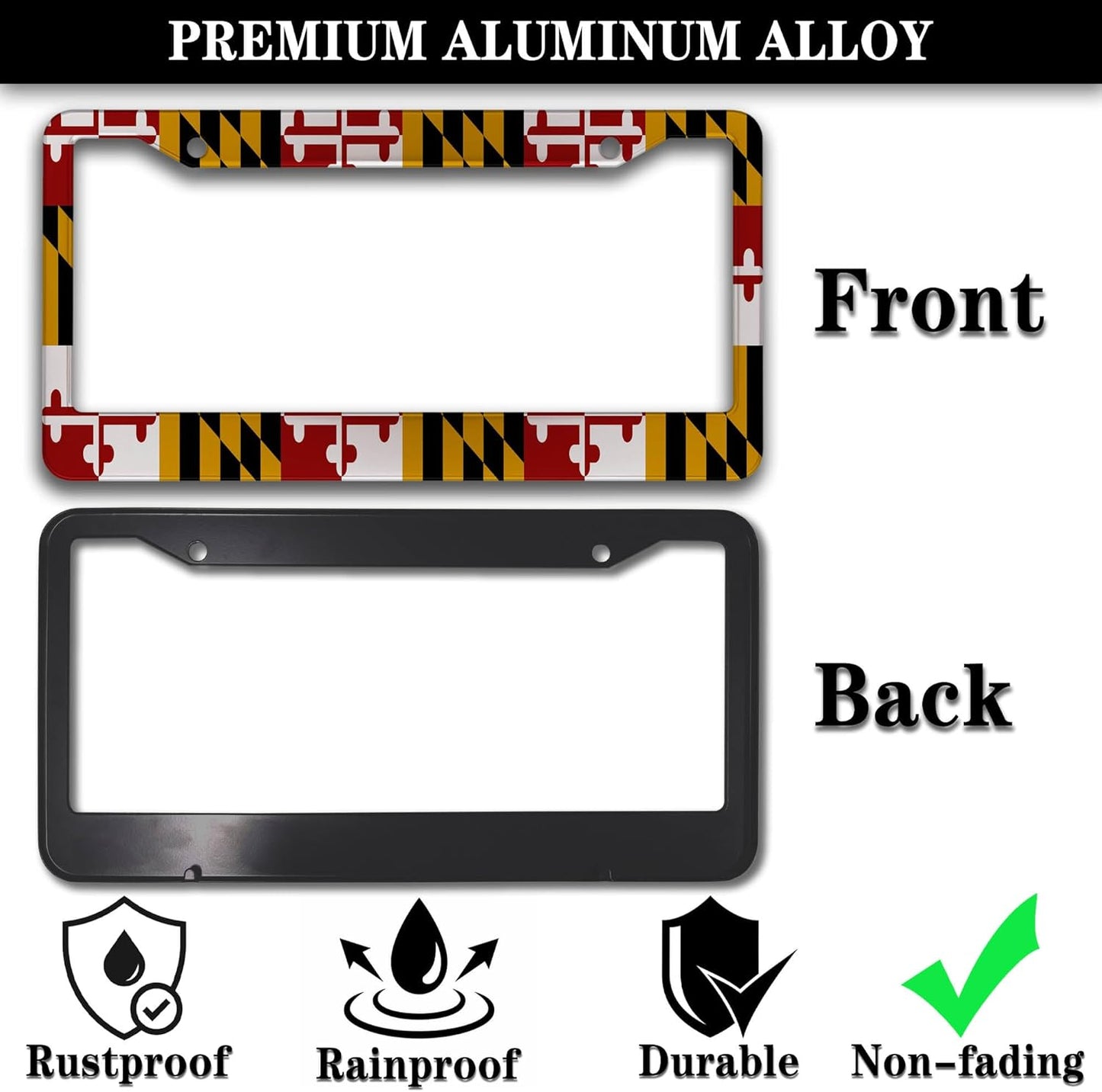 Front License Plate Bracket Multicolor License Plate Frames Flag of Maryland Universal Aluminum Car Accessory 2 Pack with Screw Covers Set