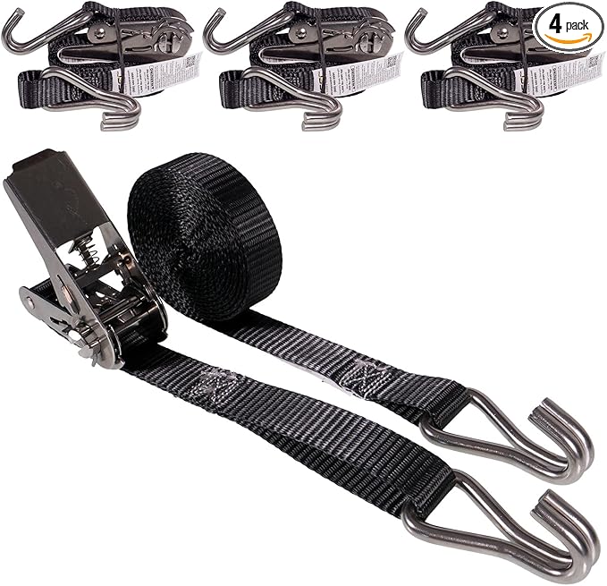 US Cargo Control Stainless Steel Ratchet Straps with Double Wire Hooks (4-Pack), 1" x 10', 1,500 LBS Break Strength, Marine Tie Down Straps for Boats, ATVs, Camping, Snow, Saltwater Applications