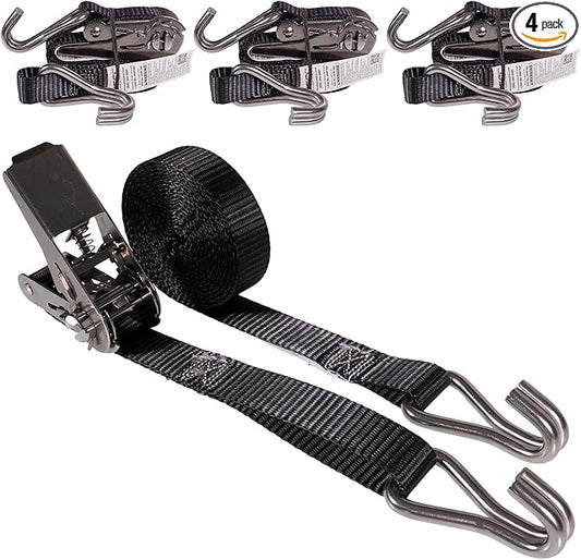 US Cargo Control Stainless Steel Ratchet Straps with Double Wire Hooks (4-Pack), 1" x 10', 1,500 LBS Break Strength, Marine Tie Down Straps for Boats, ATVs, Camping, Snow, Saltwater Applications