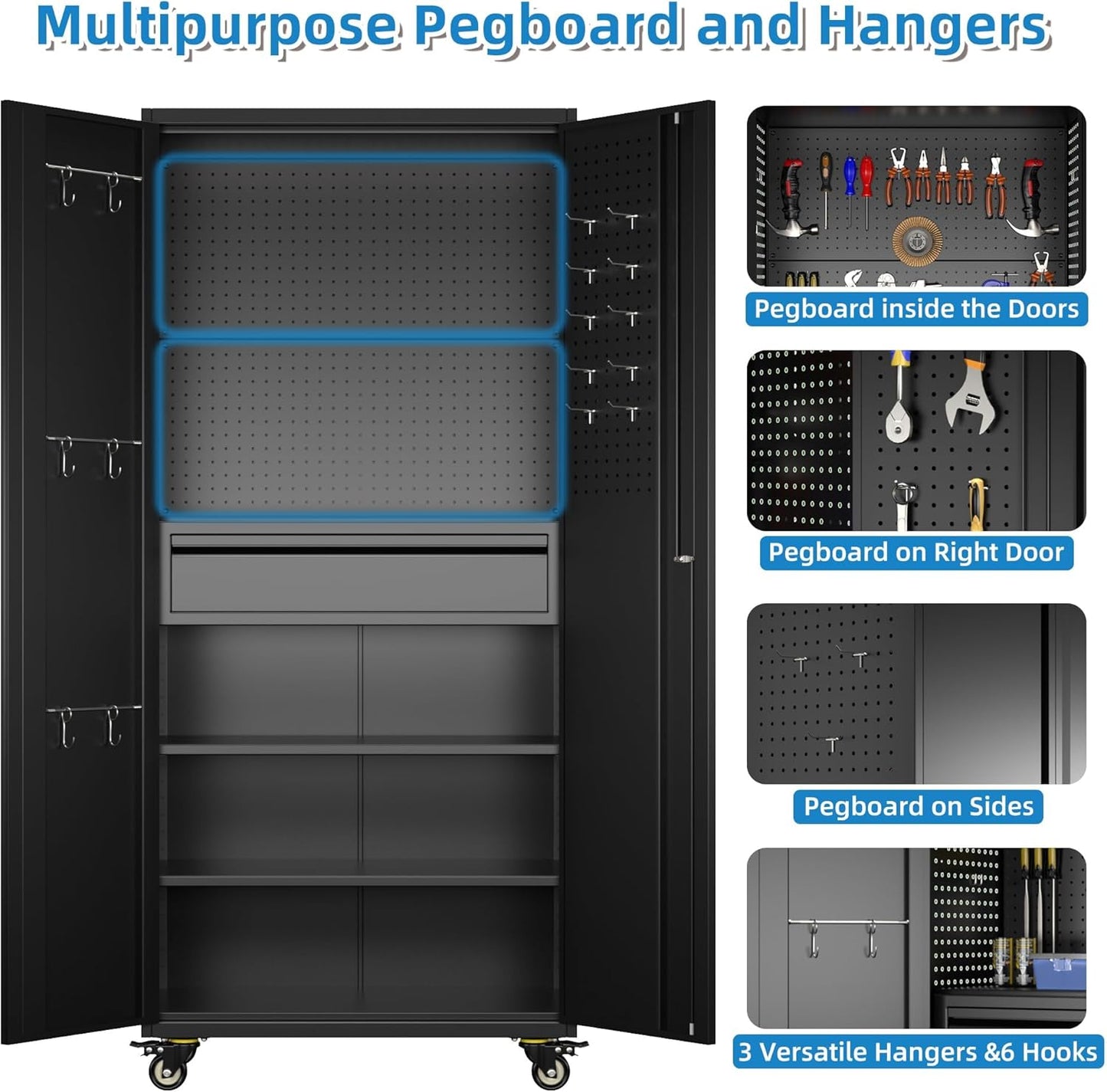 71" Metal Garage Storage Cabinet with 16 Hooks and Pegboards,1 Drawer Inside Rolling Tool Storage Cabinet with Adjustable Shelves,3 Metal Hanging Rod for Garage,Warehouse