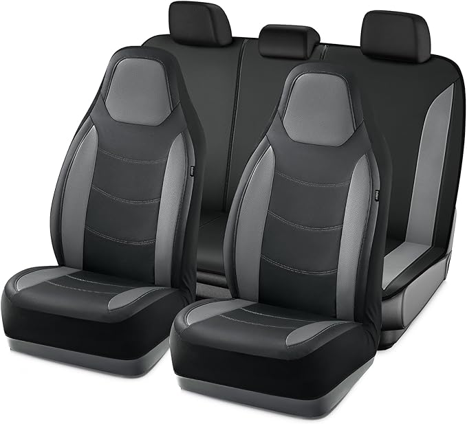 Road Comforts Car Seat Cover, Leather Seat Cover Full Set, Automotive Interior Seat Covers, Universal Fit for Most Cars, SUVs, Trucks, and Vans, Airbag Compatible (Black)
