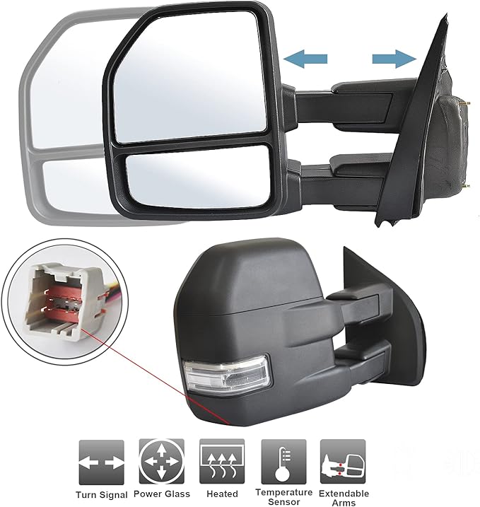 ReYee Towing Mirrors fit for 2015 2016 2017 2018 2019 2020 Ford F-150 Pickup Truck with Power Heated Temperature Sensor Turn Signal Light Black Housing 8 Pin Plug tow mirrors
