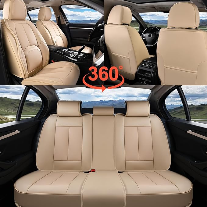 Coverado Car Seat Covers Full Set, Premium Nappa Leather Seat Covers for Car, Waterproof Car Seat Protector with Lumbar Support, Automotive Seat Covers Universal Fit for Most Cars SUV Truck(Beige)