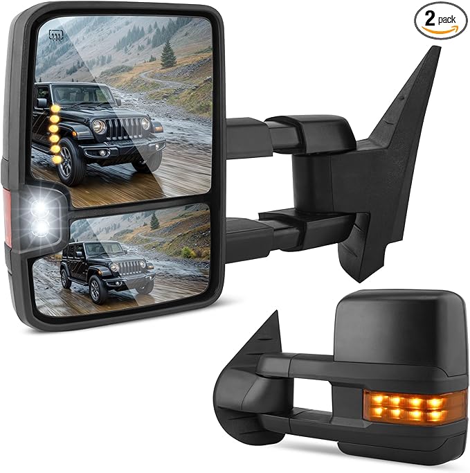 DWVO Towing Mirrors Compatible with 2007-2013 GMC Yukon 2500 Sierra 1500, 2007-2014 Chevy Silverado 1500, Power Heated Extendable with Amber Signal Light Side Mirrors Pair