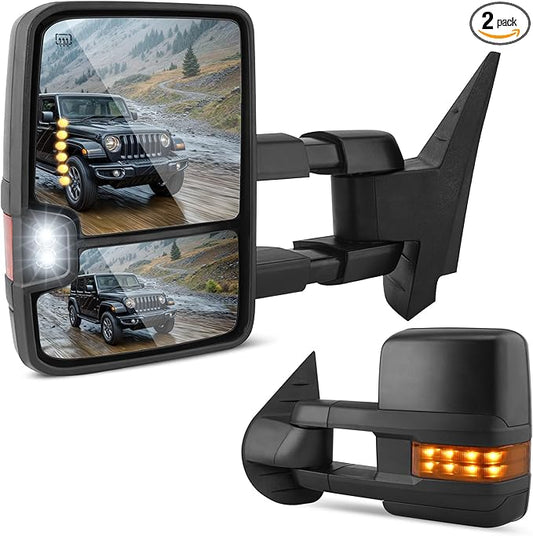 DWVO Towing Mirrors Compatible with 2007-2013 GMC Yukon 2500 Sierra 1500, 2007-2014 Chevy Silverado 1500, Power Heated Extendable with Amber Signal Light Side Mirrors Pair