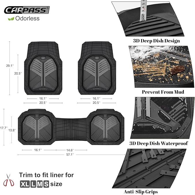 CAR PASS Heavy Duty Rubber Car Mats, Deep-Dish Car Floor Mats All Weather, Universal Two-Tone Trim-to-Fit for SUVs Trucks Sedans, Waterproof Anti-Slip, 3 Pieces V12 Black and Charcoal