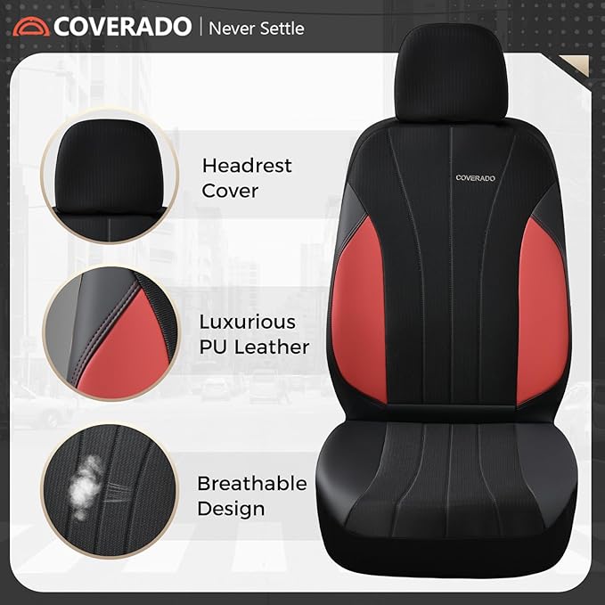 Coverado Seat Covers 2-Pack, Waterproof Car Seat Covers, PU Leather & Breathable Mesh Seat Protectors, 2 Seats Automotive Seat Covers, Universal Fit for SUVs, Trucks, Sedans