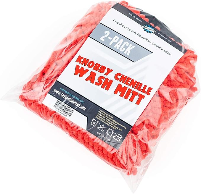 The Rag Company - Premium Chenille Microfiber Knobby Wash Mitts - Perfect for Car Washing and Detailing; Scratch-Free, Lint-Free, Double-Sided, Plush, and Absorbent; Red (2-Pack)