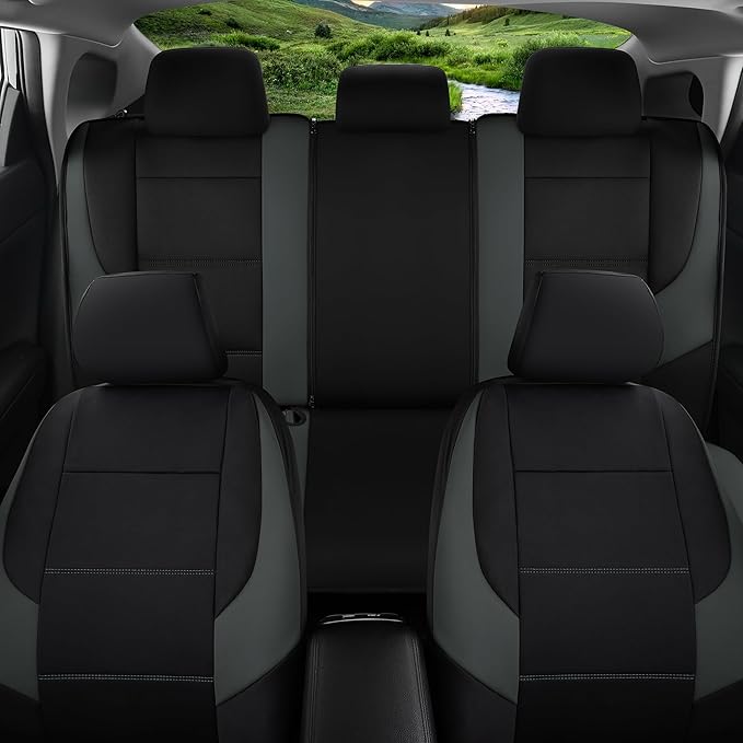 GIANT PANDA Neoprene Full Set Car Seat Covers, Leak-Proof & Waterproof Front&Rear/Back Car Seat Protector Fit 95% Cars Sedans SUV（Grey/Gary+Black）