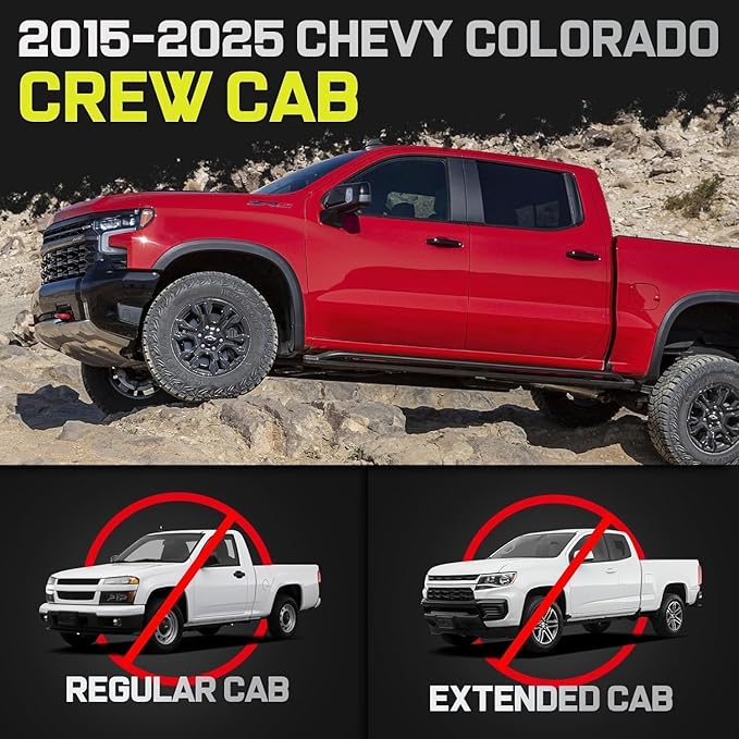 BINARY STAR Running Boards Compatible with 2015-2026 Chevy Colorado/GMC Canyon Crew Cab. Colorado Running Boards with Bed Access Step and Center Step. 6 Inch Carbon Steel Side Steps.